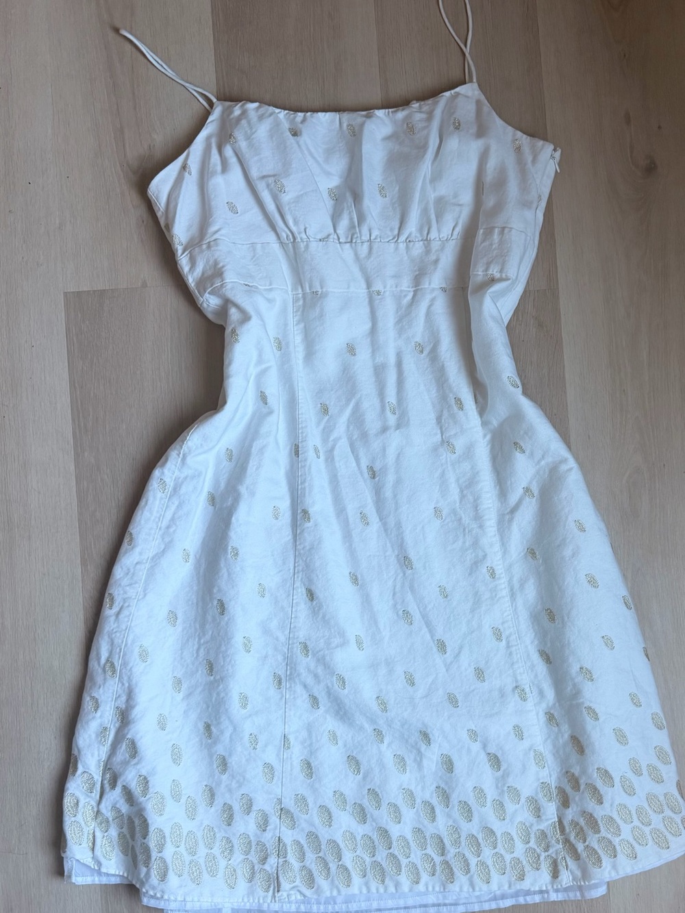 Ann Taylor White Midi Dress with Gold Leaf embroidery
